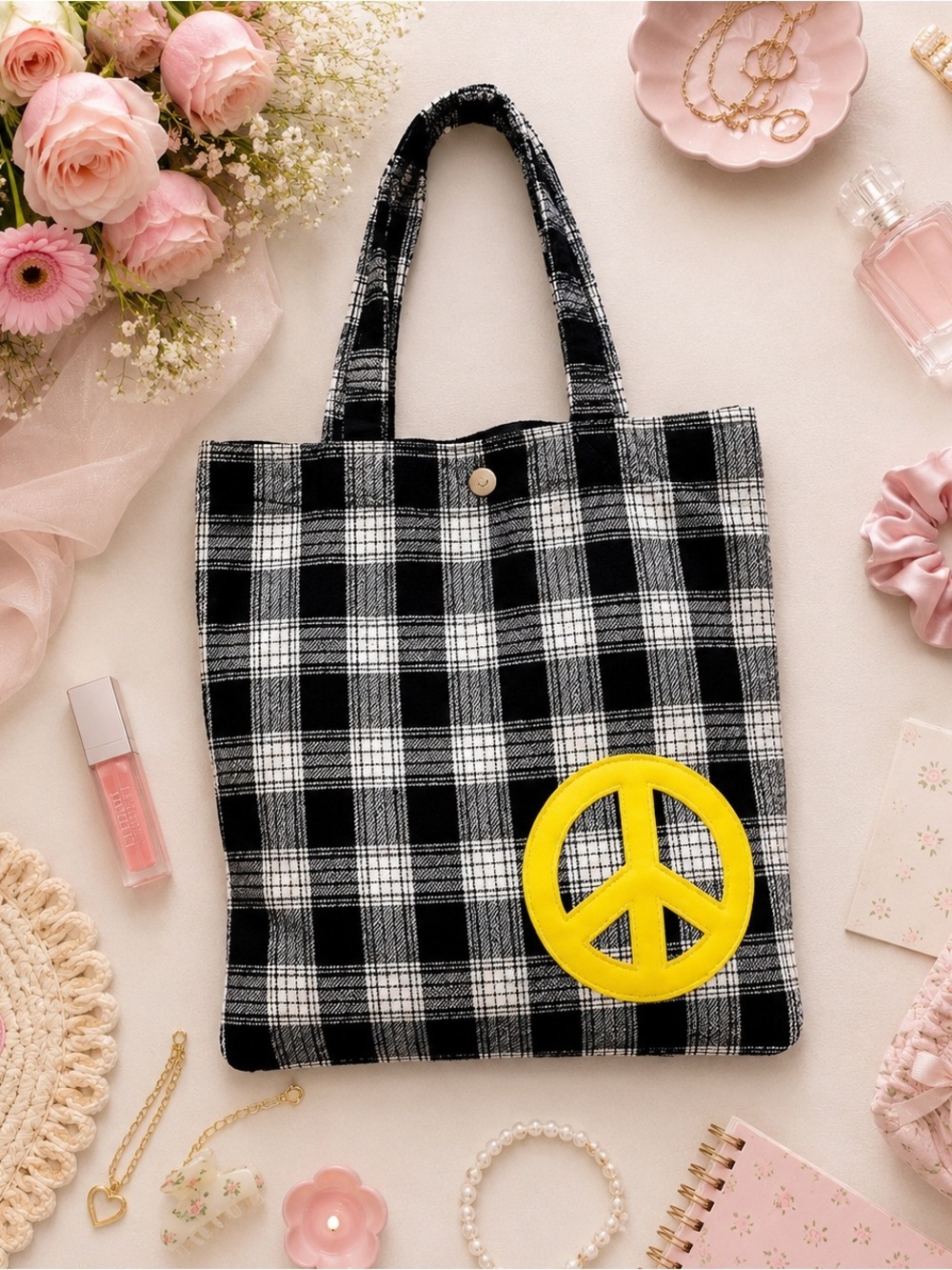 Black & White Plaid Cloth Shoulder Book Bag w/Yellow Peace Sign includes Pouch